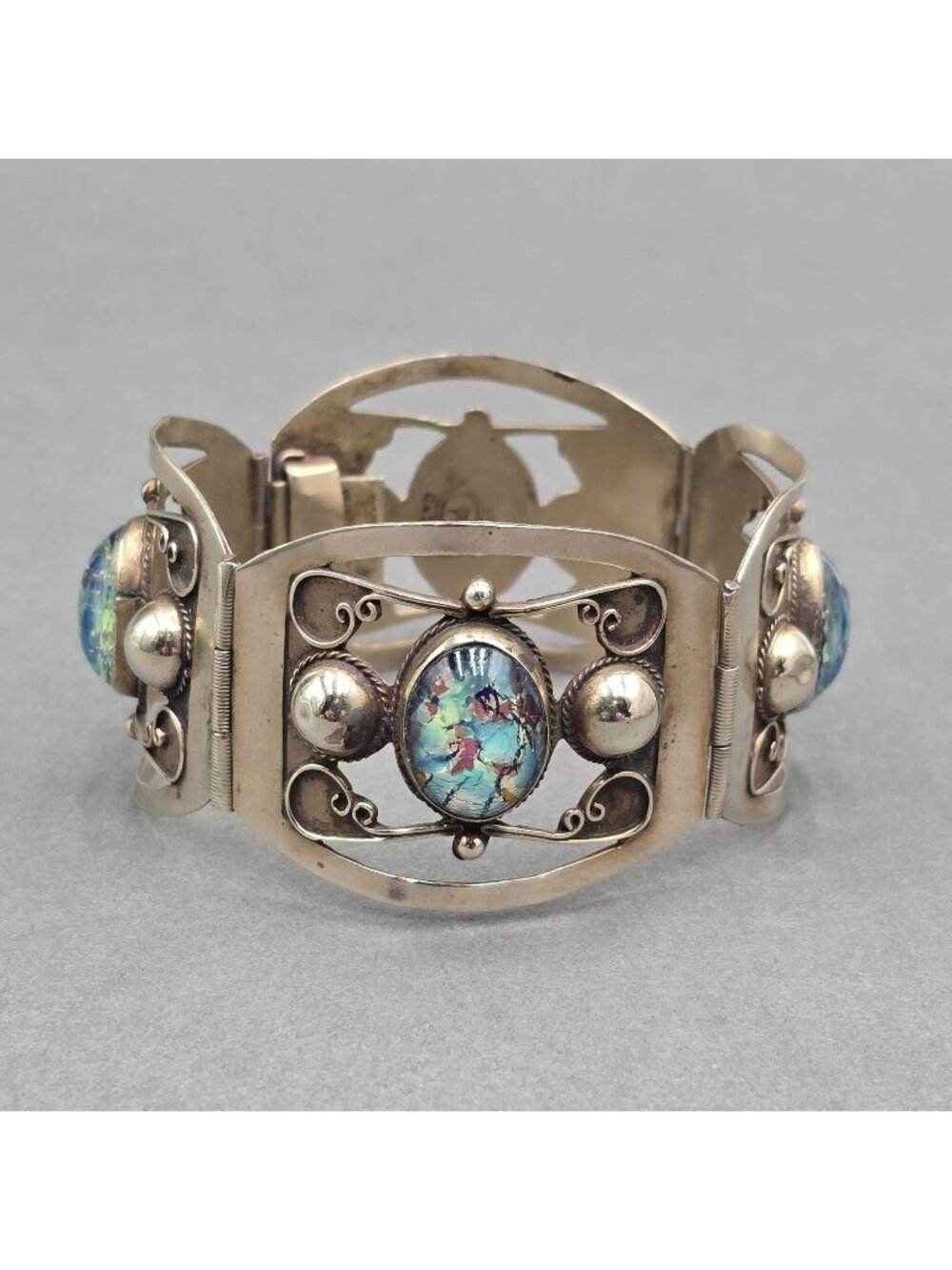 Vintage Mexican Confetti Opal Bracelet Dragons Breath Foil Glass Panel 1960s